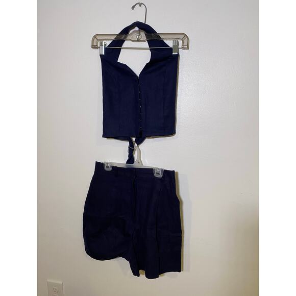 Zara Navy Blue Linen Halter top Sailor Shorts Outfit Set SZ XS - Picture 1 of 10